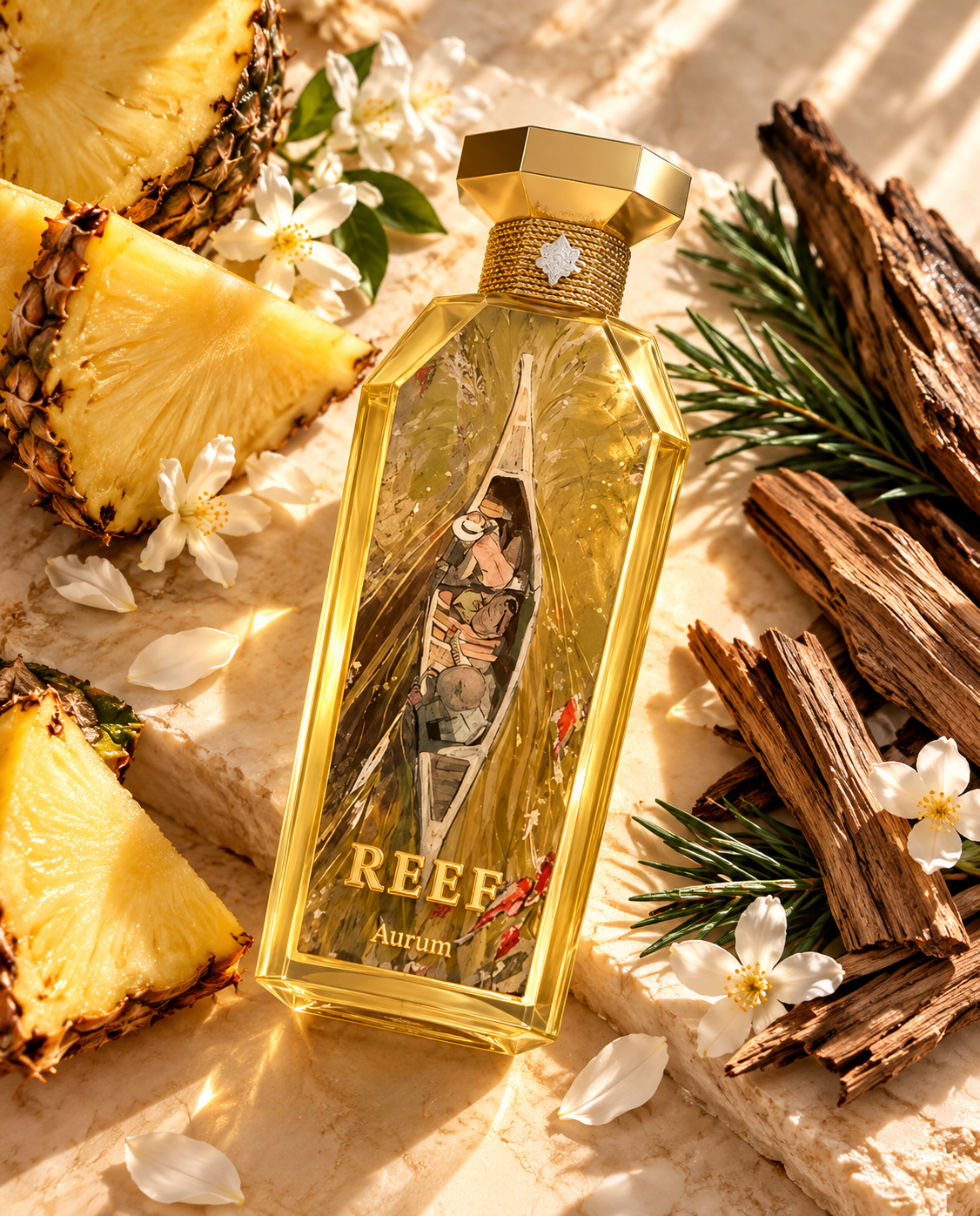 REEF Aurum — flacon doré, ananas, jasmin et bois de cèdre
