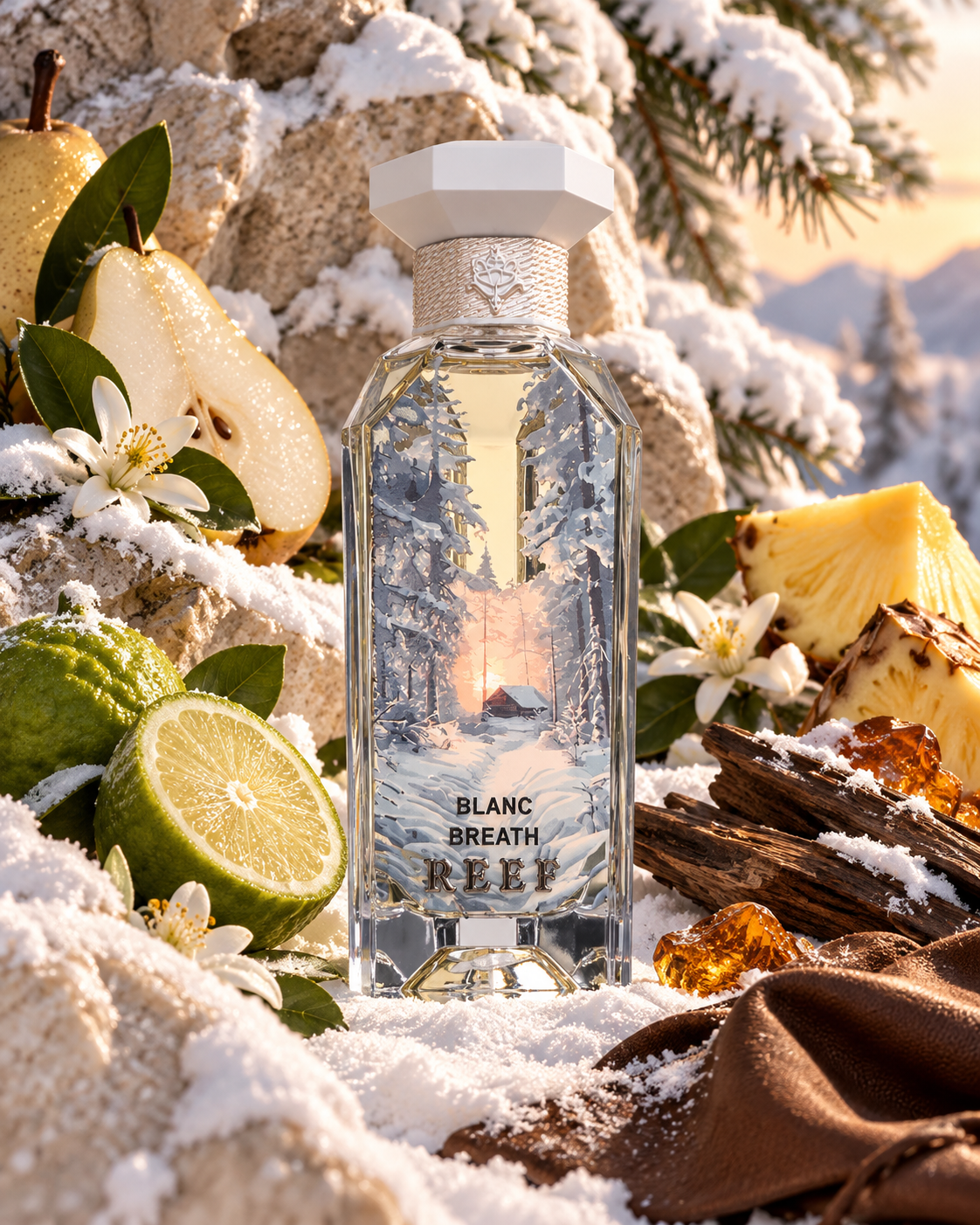 REEF Blanc Breath flacon forêt enneigée, bergamote, poire, ananas, fleur d’oranger, cuir et ambre